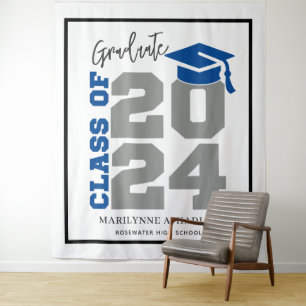 Class of 2024 Blue and Grey Photo Booth Tapestry