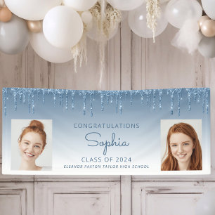 Class of 2024 Blue Glitter 2-Photo Graduation Banner