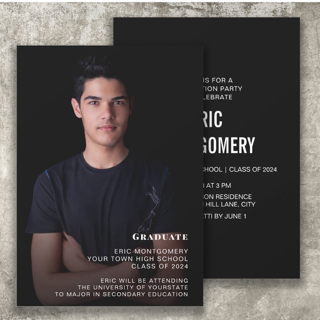 Class of 2024 Boy's Graduation Party Photo  Invitation (Black white photo graduation announcement/invitation for the class of 2024)