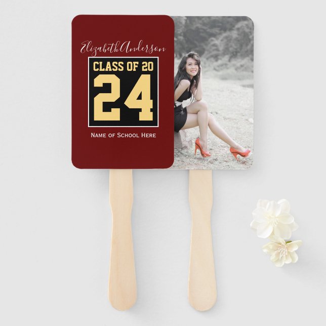 Class of 2024 Burgundy Black Gold Graduation Photo Hand Fan (Front and Back)