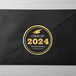 Class of 2024 Elegant Black Gold Personalised Classic Round Sticker