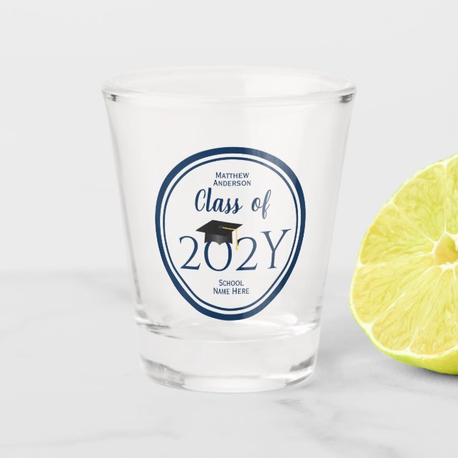 Class of 2024 Elegant Navy Blue Graduation Party Shot Glass (Front)