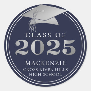 Class of 2024 Elegant Navy Silver Personalised Classic Round Sticker