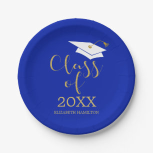 Class of 2024 Gold Glitter Calligraphy Royal Blue Paper Plate