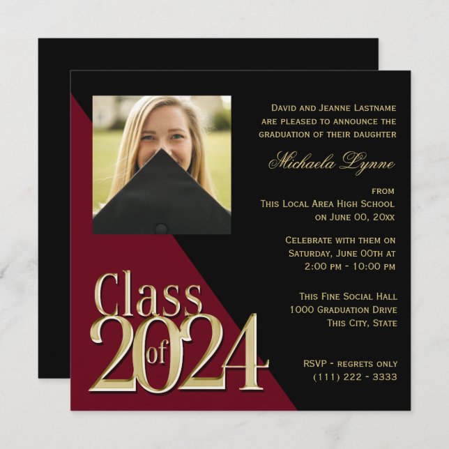 Class of 2024 Gold Grad Burgundy with Photo Invitation (Front/Back)