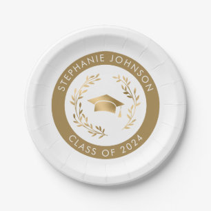 Class of 2024 Gold on White Graduation Party Paper Plate
