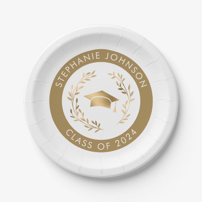 Class of 2024 Gold on White Graduation Party Paper Plate (Front)