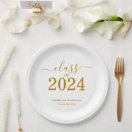 Class of 2024 Gold Script Graduation   Paper Plate