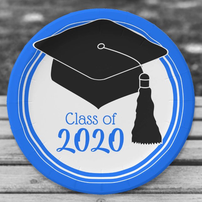 Class of 2024 Grad Cap Blue and White Paper Plate (Creator Uploaded)