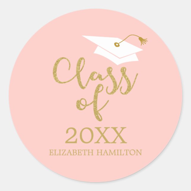Class of 2024 Grad Cap Gold Glitter Calligraphy  Classic Round Sticker (Front)