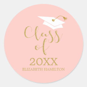 Class of 2024 Grad Cap Gold Glitter Calligraphy Classic Round Sticker