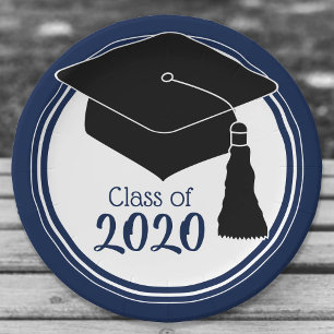 Class of 2024 Grad Cap Navy and White Paper Plate