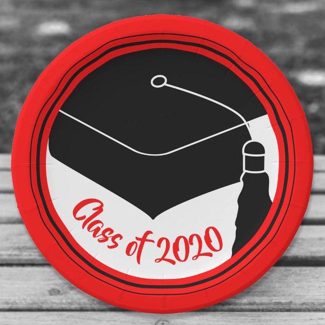 Class of 2024 Grad Cap Red and Black Paper Plate (Creator Uploaded)