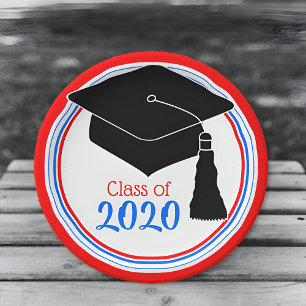 Class of 2024 Grad Cap Red White and Blue Paper Plate