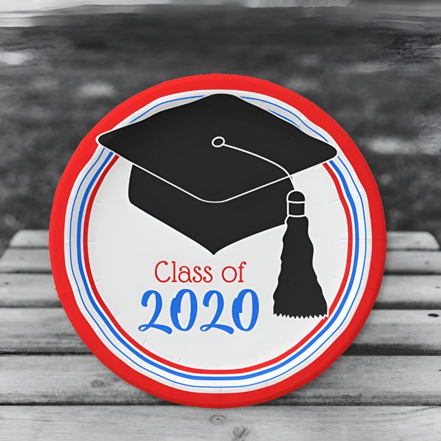 Class of 2024 Grad Cap Red White and Blue Paper Plate (Creator Uploaded)