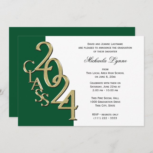 Class of 2024 Grad Gold and Green Invitation (Front/Back)