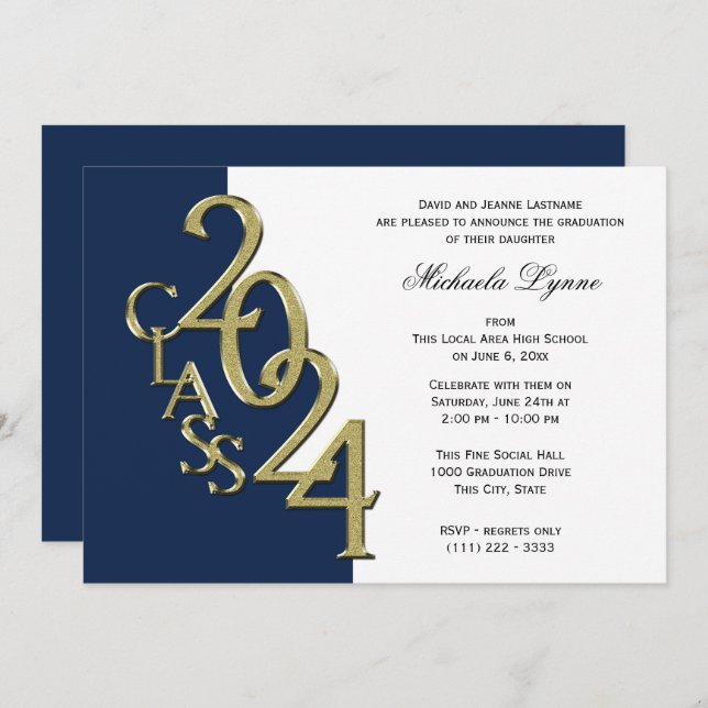 Class of 2024 Grad Gold and Navy Blue Invitation (Front/Back)