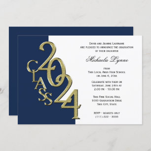 Class of 2024 Grad Gold and Navy Blue Invitation