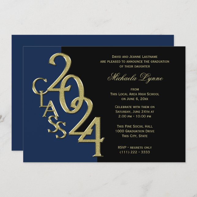 Class of 2024 Grad Gold with Colour Option Invitation (Front/Back)