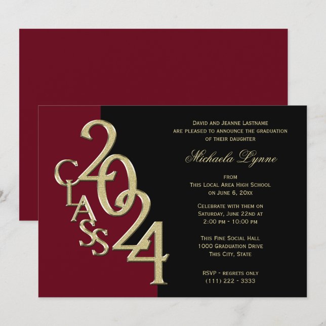 Class of 2024 Grad Gold with Colour Option  Invitation (Front/Back)