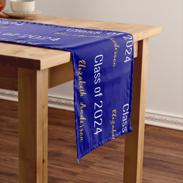 Class of 2024 Grads Full Name Navy Blue White Gold Short Table Runner (In Situ)