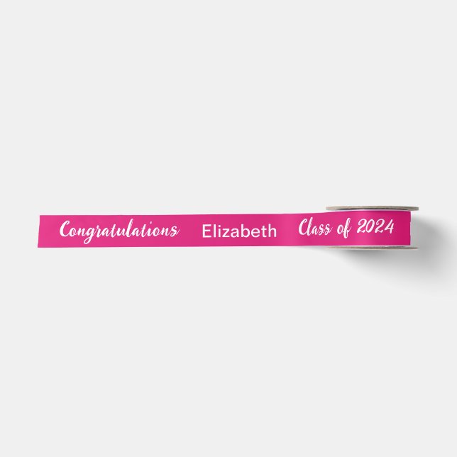 Class of 2024 Graduate Name Hot Pink White Script Satin Ribbon (Front)