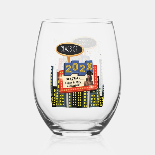Class of 2024 Graduate Skyline Photo Billboard Stemless Wine Glass (Front)