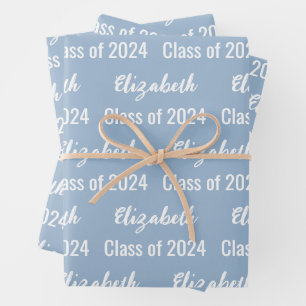 Class of 2024 Graduate's Name Baby Blue and White Wrapping Paper Sheet