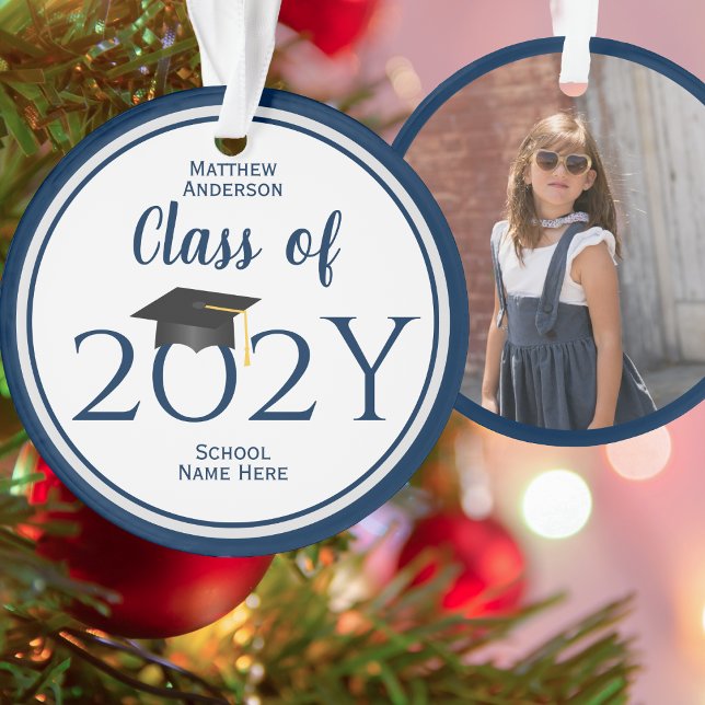Class of 2024 Modern Navy Blue Graduation Photo Ornament (Creator Uploaded)