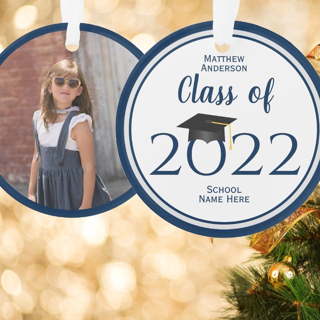 Class of 2024 Modern Navy Blue Graduation Photo Ornament (Creator Uploaded)