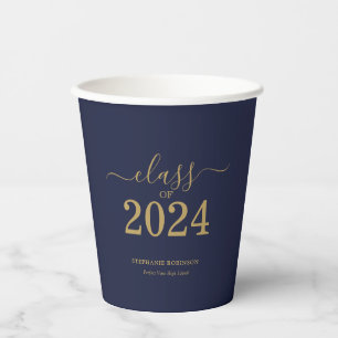 Class of 2024 Navy Blue Gold Graduation Party Paper Cups