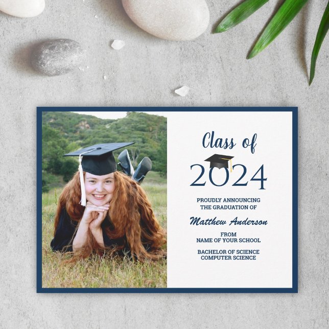 Class of 2024 Navy Blue Graduate Photo Graduation Announcement (Creator Uploaded)
