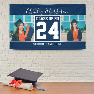 Class of 2024 Navy Blue & White Graduation Photo Banner