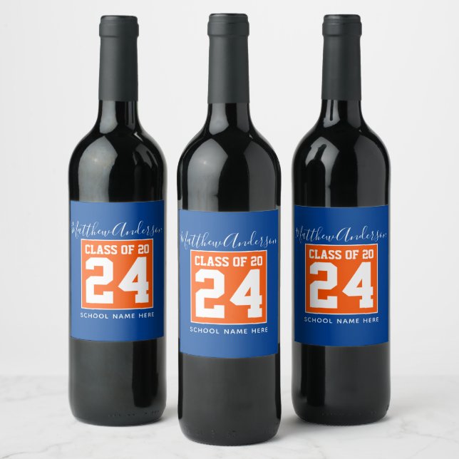 Class of 2024 Orange and Blue Graduation Party Wine Label (Bottles)