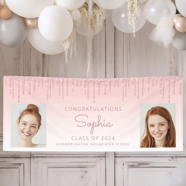 Class of 2024 Pink Glitter 2-Photo Graduation Banner (Creator Uploaded)