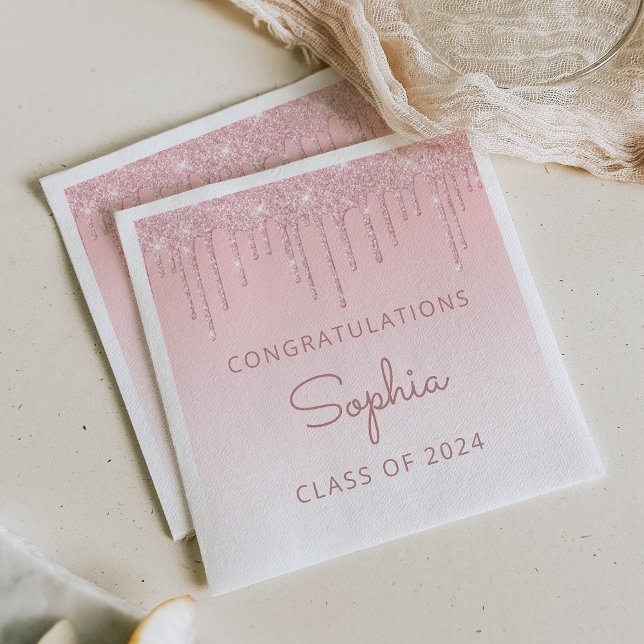 Class of 2024 Pink Glitter Drip Graduation Napkin (Creator Uploaded)