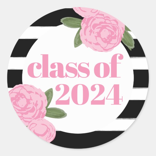 Class of 2024 Pink Roses Black + White Stripe Classic Round Sticker (Front)