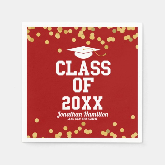 Class Of 2024 Red Gold Confetti Graduation Party Napkin (Front)