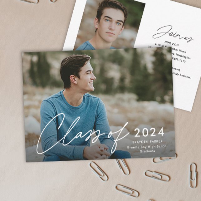 Class of 2024 Script Photo Graduation  Invitation (Simple handwritten script Class of 2024 photo graduation invitation announcements.)