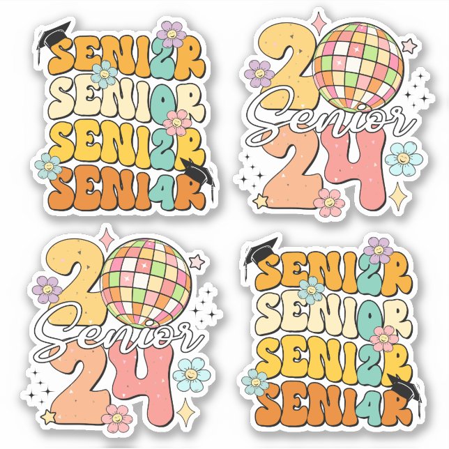 Class of 2024 Seniors Retro Disco Flower Stickers (Front)