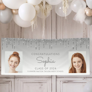 Class of 2024 Silver Glitter 2-Photo Graduation Banner