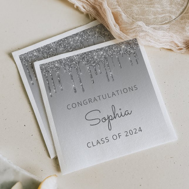 Class of 2024 Silver Glitter Drip Graduation Napkin (Creator Uploaded)