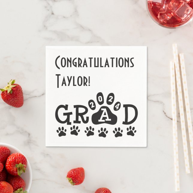 class of 2024 white black grad paw prints napkin (Insitu)