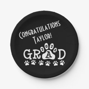 class of 2024 white black grad paw prints paper plate