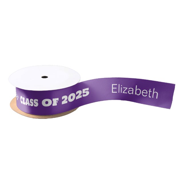 Class of 2025 and Graduate's Name Purple and White Satin Ribbon (Spool)