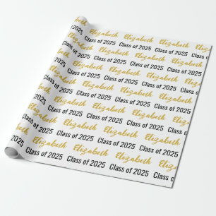 Class of 2025 and Graduate's Name White Black Gold Wrapping Paper