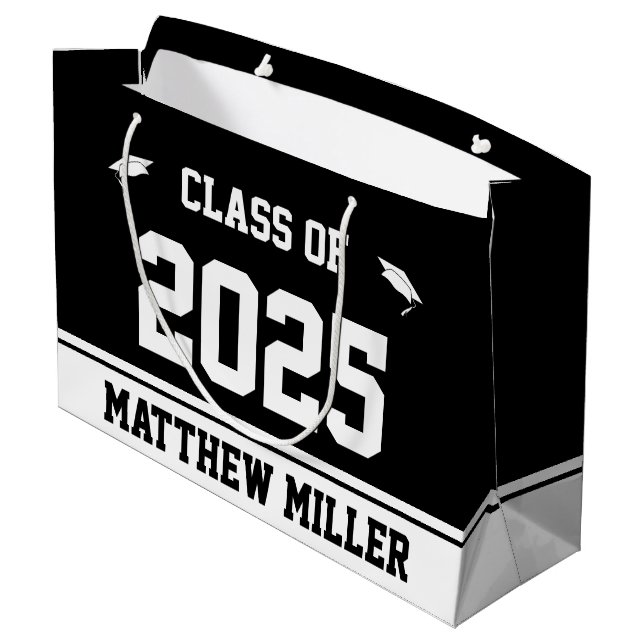 Class of 2025 and Name on Black and White Template Large Gift Bag (Back Angled)