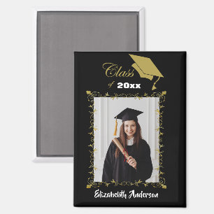 Class of 2025 Black Gold Cap Brush Script Photo Magnet