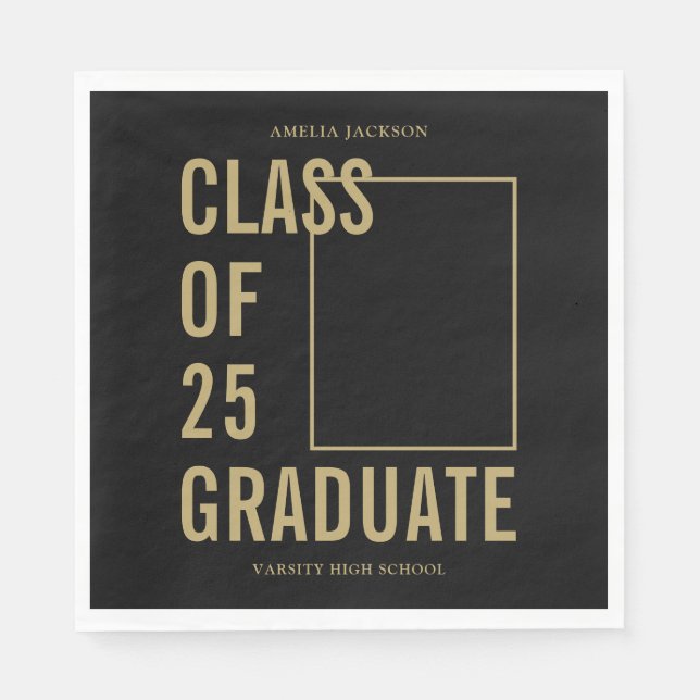 Class Of 2025 Black & Gold Photo Graduation Paper Napkin (Front)