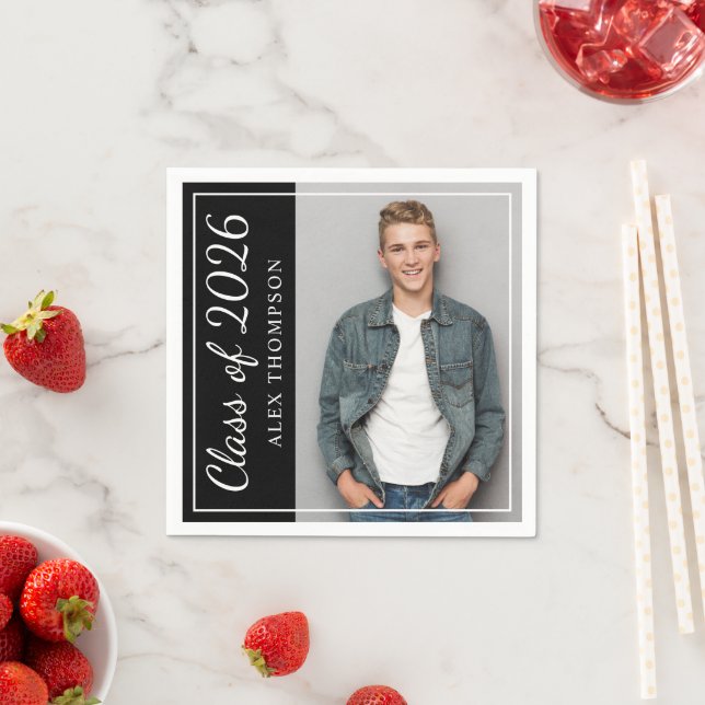 Class of 2025 Black Graduation Party Photo Napkin (Insitu)
